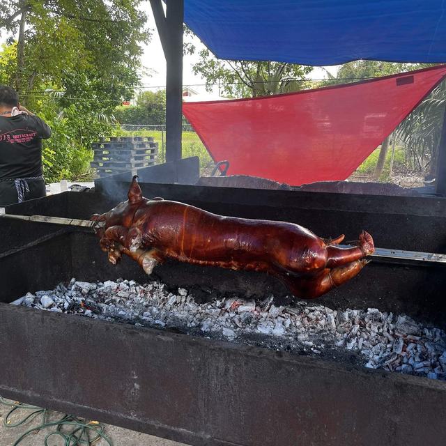 Whole pig roasting over charcoal